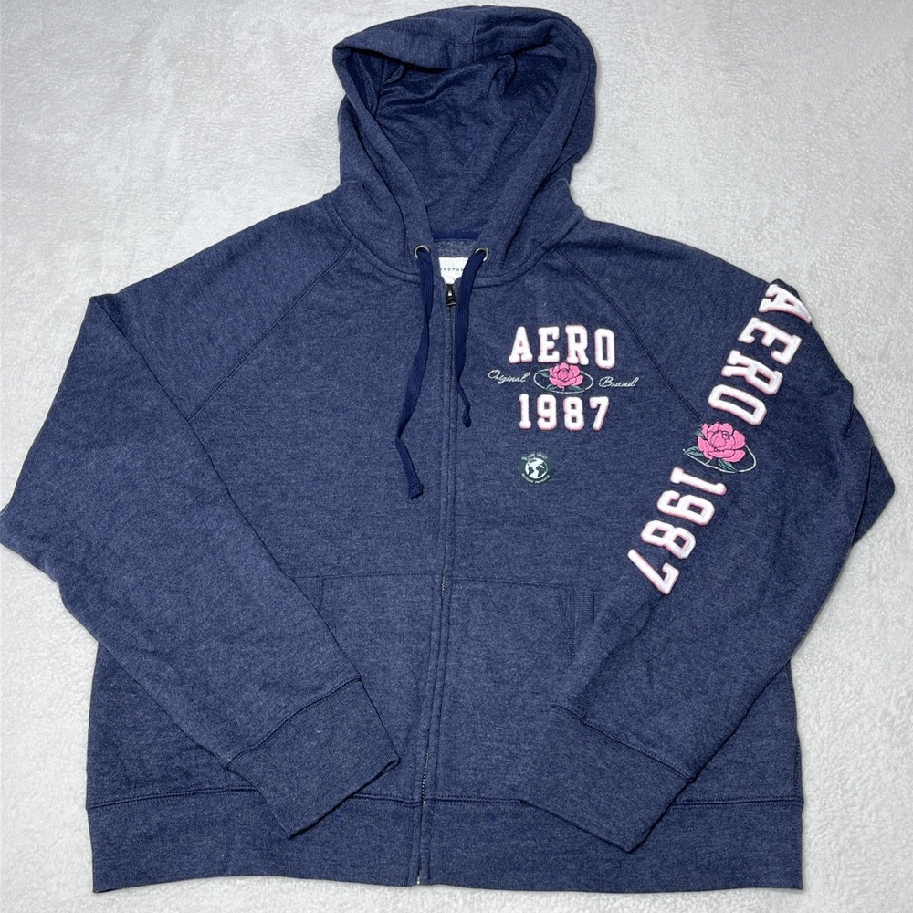 Aeropostale Vintage Y2K Navy Blue Full Zip Hoodie Logo Women's X-Large EUC